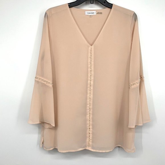 Calvin Klein Top Pink Pearl Embellished V Neck Bell Sleeve - Picture 1 of 11